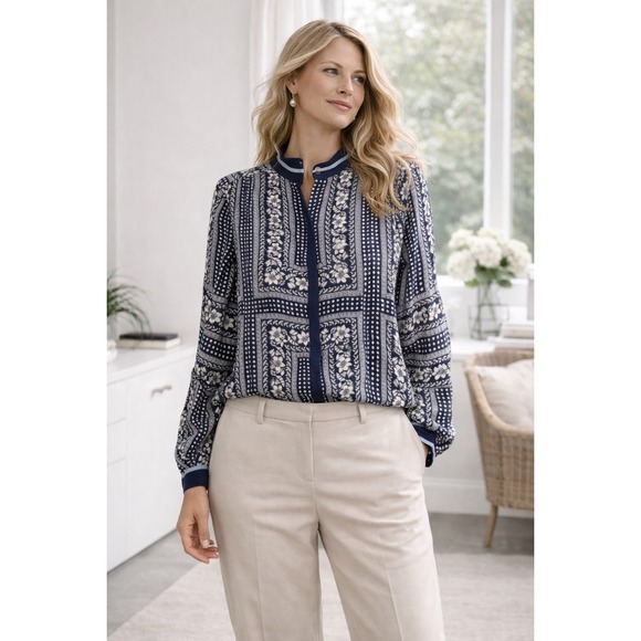 Maeve Tops - Maeve Anthro Navy Floral Geometric Print Long‎ Sleeve Button Down Shirt Size 6